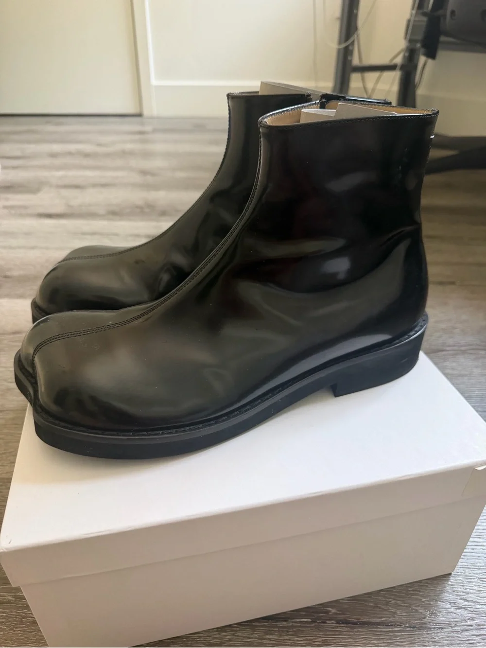 MM6 Maison Martin Margiela ‘Anatomic’ Black Glossy Leather Ankle Boots